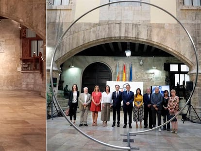 Imagen del patio gótico del Palau de la Generalitat sin la escultura de Alfaro y con la obra, en un acto en el que participó Ximo Puig, en dos imágenes del Twitter del expresidente valenciano.