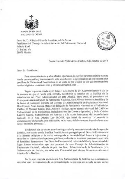 Extracto de la carta del prior de la Abadía del Valle de los Caídos a Patrimonio Nacional.