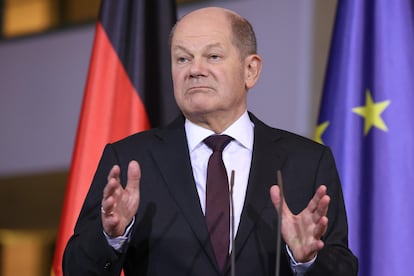 El canciller alemán, Olaf Scholz, durante una rueda de prensa en Berlín.