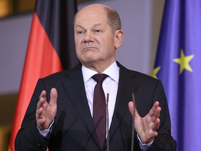 El canciller alemán, Olaf Scholz, durante una rueda de prensa en Berlín.