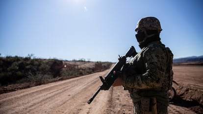 A Mexican soldier stands guard in La Morita, Sonora.