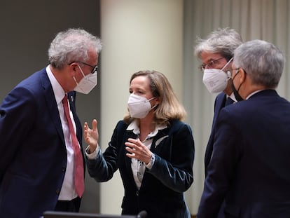 La vicepresidenta Nadia Calviño, durante una reunión de los ministros del Eurogrupo, el 6 de diciembre en Bruselas.