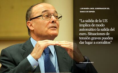 Luis María Linde, gobernador del Banco de España, durante una comparecencia ante la Comisión de Economía y Competitividad del Congreso de los Diputados, el pasado 18 de agosto.