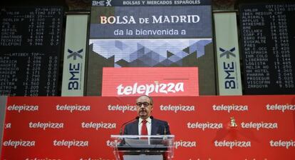 El presidente de Telepizza, Pablo Juantegui, durante su estreno en la Bolsa de Madrid.