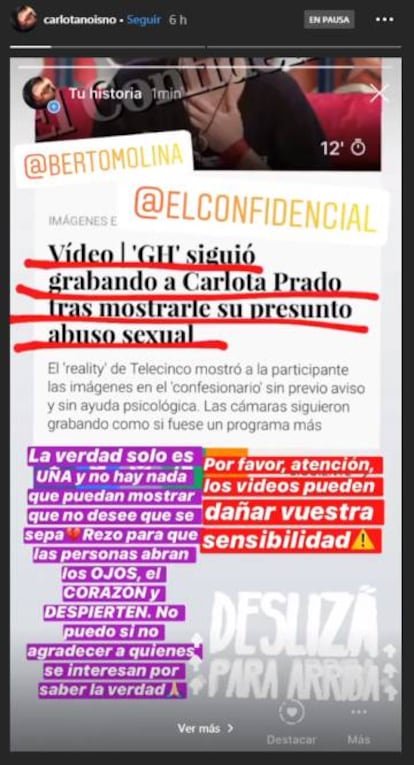 Una de los 'stories' que Carlota Prado ha subido a su perfil de Instagram.