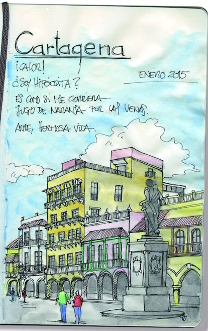 Ilustración de Cartagena con las notas de Leila Guerriero.