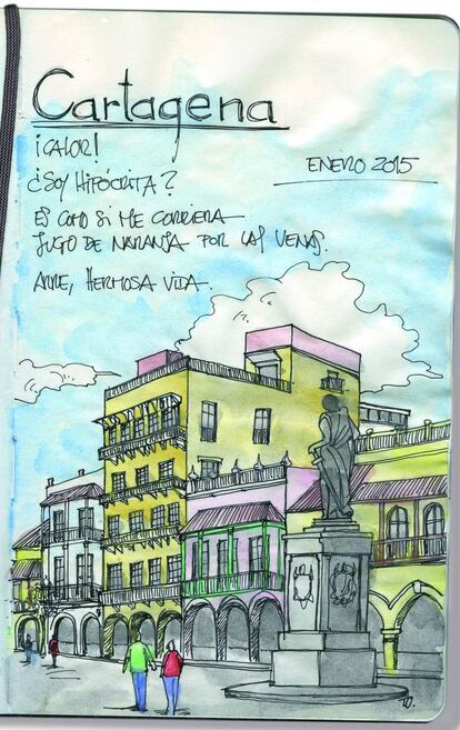 Ilustración de Cartagena con las notas de Leila Guerriero.