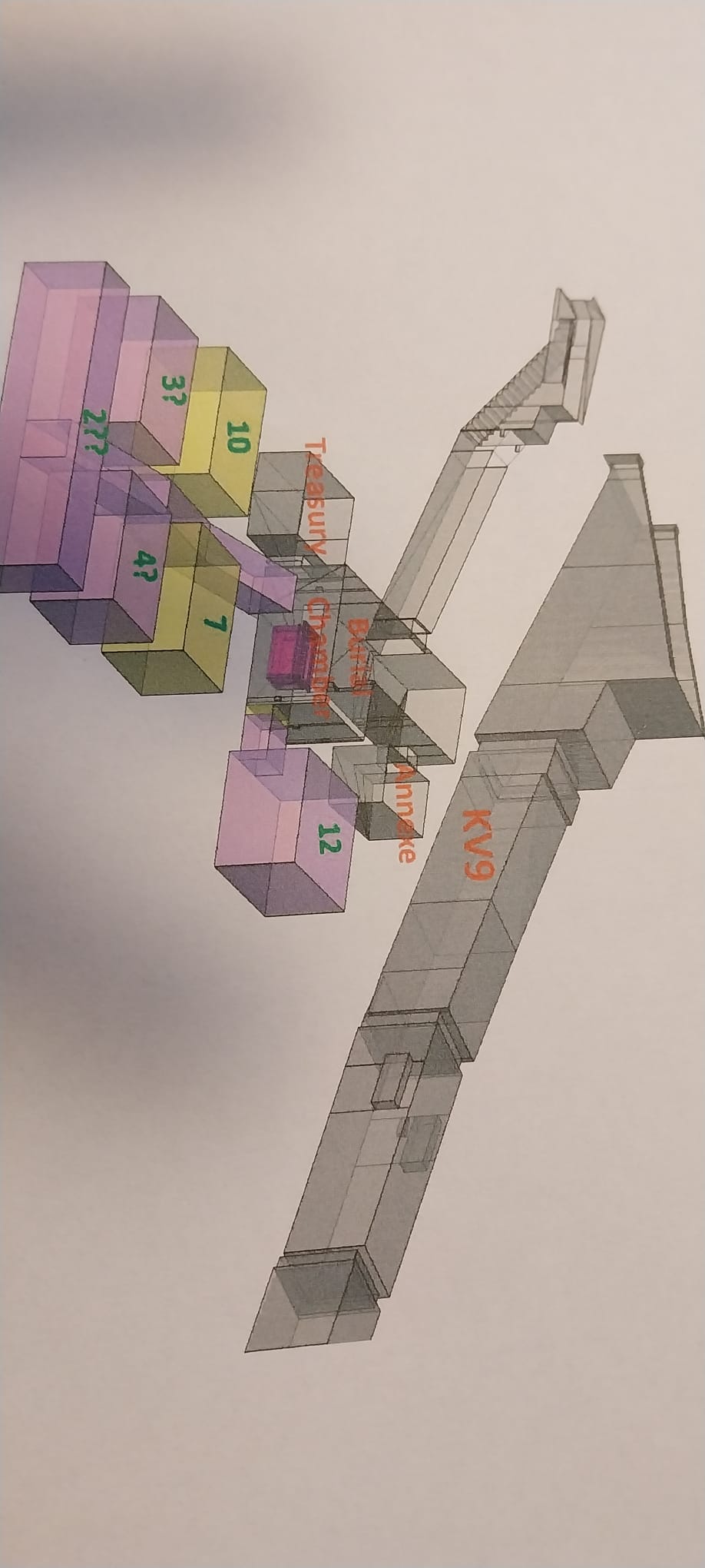 Esquema de la tumba de Tutankamón (debajo de la Ramsés VI, KV 9), con la indicación en colores malva y amarillo de las cámaras y pasajes propuestos por la nueva investigación.