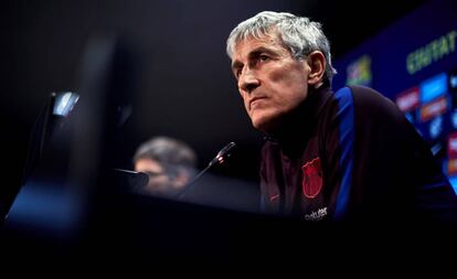 Quique Setién, durante la rueda de prensa en la Ciudad Deportiva. 