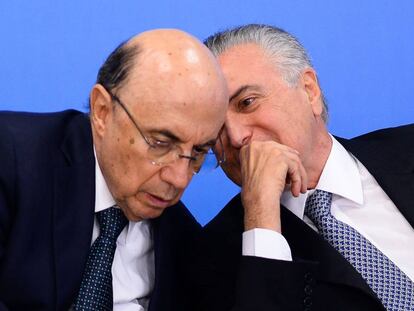 Meirelles e Temer durante encontro com empresários.