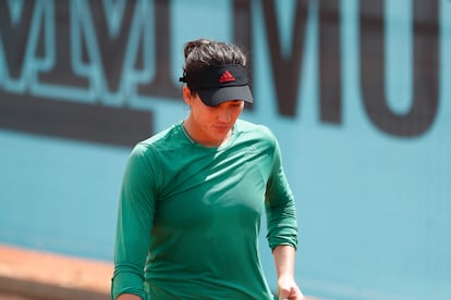 Garbiñe Muguruza, durante un entrenamiento en la Caja Mágica este miércoles en Madrid.