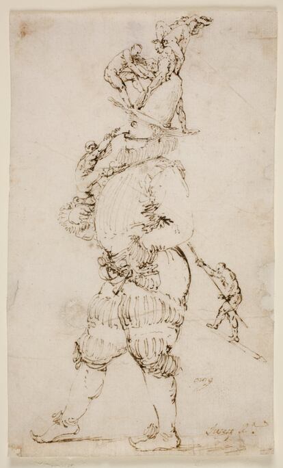 'Escena fantástica: caballero con hombrecillos subiendo por su cuerpo' (finales de 1620). Pluma y tinta parda.