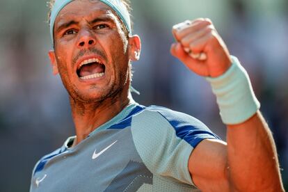 Nadal celebra la victoria contra Goffin, este jueves en la Caja Mágica de Madrid.