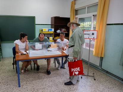 Members of electoral tables prepare for the opening of a polling station, during the general election in Ronda, Spain July 23, 2023.