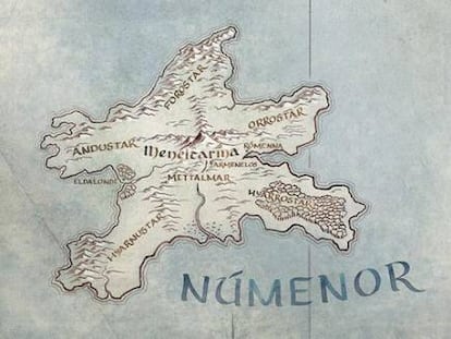 Mapa de la isla de Númernor en la Tierra Media creada por Tolkien.