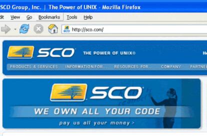SCO asegura que parte de Unix, el sistema operativo en que se basa Linux, es de su propiedad. Hoy una imagen afirma en su &#39;web&#39;: "Todo tu código nos pertenece. Páganos todo tu dinero".