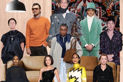 Arriba, Fiona Shaw desfilando para Simone Rocha o-i 2025-26; Harry Stiles vestido por Alessandro Michele para Valentino; Qin Huilan en el desfile de Miu Miu o-i 2024-25, Jeremy Strong con look de Loro Piana, Barry Keoghan vestido de Burberry. En el centro, LIttle Simz desfilando para la colección p-v de Miu Miu. Abajo, Angela Bassett en el desfile de Mugler p-v 2024, Michelle Yeoh con el look 52 de la colección 51 de Costura de Balenciaga, Tracee Ellis Ross en el desfile de Marni y Lesley Manville desfilando para Burberry, ambas en la temporada o-i 2025-26.