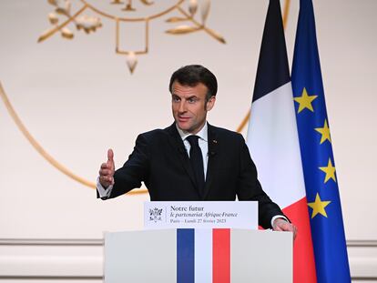 French President Emmanuel Macron gestures as he gives a speech to outline France's revamped strategy for Africa ahead of his visit in Central Africa, at the Elysee Palace in Paris, France, 27 February 2023.