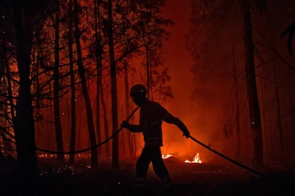 Un bombero carga con una manguera durante la extinción de un incendio en Vale de Abelha (Macao).