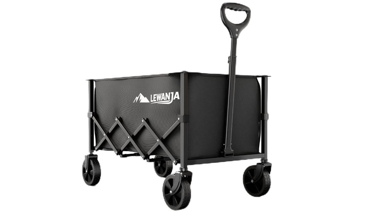 Vista frontal del carrito de playa plegable todoterreno superventas en Amazon.