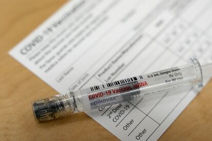 A Moderna Spikevax COVID-19 vaccine is seen at a pharmacy in Cypress, Texas on Wednesday, Sept. 20, 2023