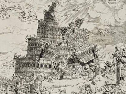 Grabado sobre la destrucción de la Torre de Babel (1547), de Cornelisz Anthonisz Teunissen.