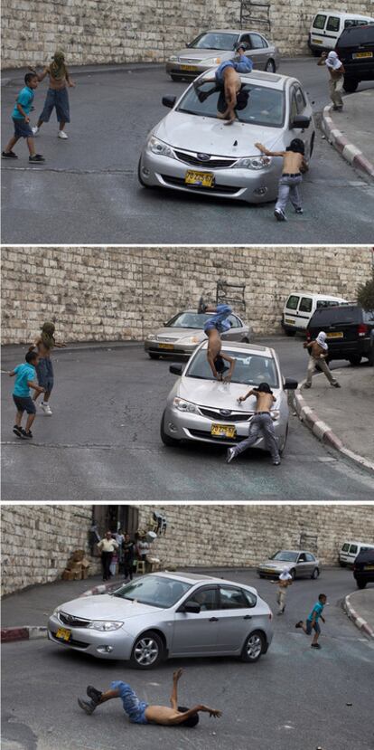Secuencia del atropello de varios niños por un conductor, que los arrolló mientras lanzaban piedras en Silwan, barrio de mayoría árabe.