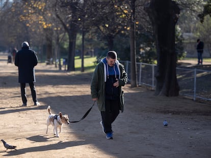 Un hombre pasea su perro con correa en el parque de la Ciutadella