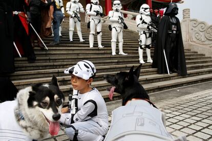 Darth Vader junto a soldados de asalto para celebrar el día de la saga de ciencia ficción de George Lucas, en Taipéi (Taiwán).