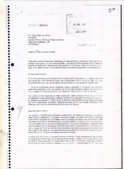 Carta de advertencia del Banco de España en 2006 a Caja Madrid