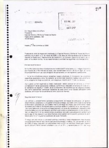 Carta de advertencia del Banco de España en 2006 a Caja Madrid