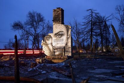 El artista Shane Grammer, ante los restos de la casa de un amigo (en la imagen), vio un lienzo en blanco donde solo había destrucción. Pidió permiso y dibujó el rostro de una mujer.