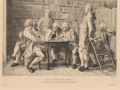 'Lectura en casa de Diderot', grabado de Alfred Salmon de 1878.