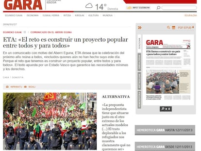 Portada de l&#039;edici&oacute; digital del diari &#039;Gara&#039;, aquest diumenge.