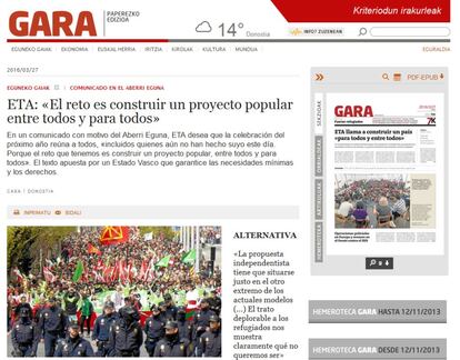Portada de l'edició digital del diari 'Gara', aquest diumenge.