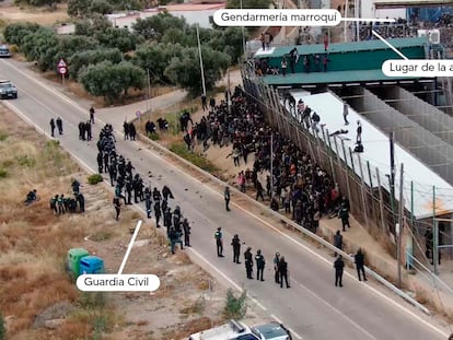 Fotograma de los vídeos grabados por un dron y un helicóptero de la Guardia Civil el pasado 24 de junio, durante la tragedia de la valla de Melilla.