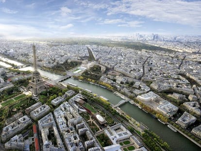 Simula&ccedil;&atilde;o com arena do v&ocirc;lei de praia ao lado da Torre Eiffel, parte da candidatura de Paris para os Jogos.