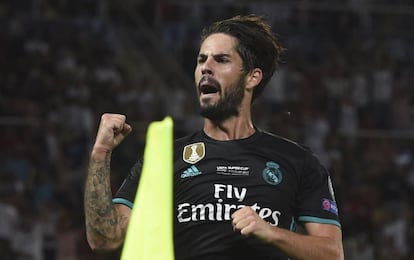 Isco celebra su gol al Manchester United, el segundo del Real Madrid.