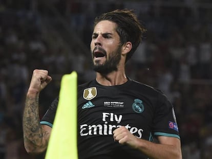 Isco celebra su gol al Manchester United, el segundo del Real Madrid.