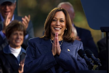 La candidata demócrata a la Casa Blanca, Kamala Harris, este miércoles durante un acto electoral en Bucks County, Pensilvania. 