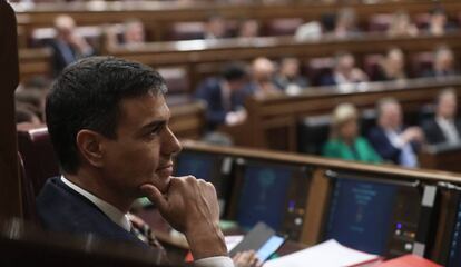 Socialist Party leader Pedro Sánchez during today’s debate.