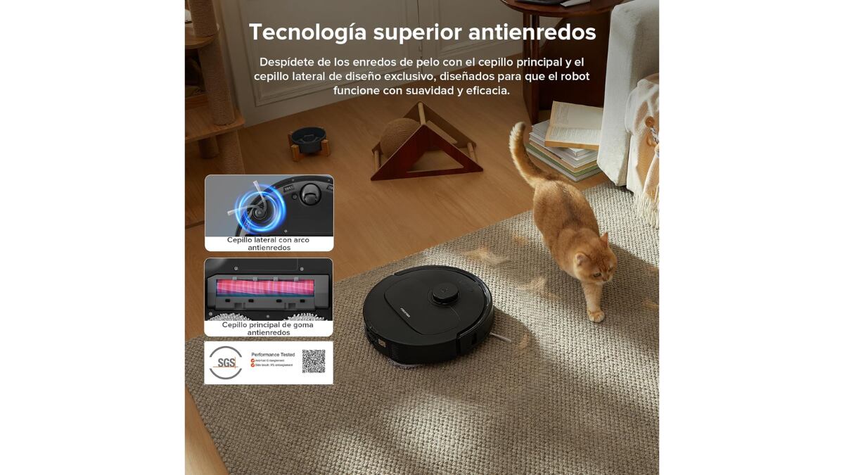 El robot aspirador está equipado con un par de cepillos que atrapan el pelo fácilmente.