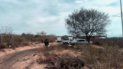 Fuerzas de Seguridad Pública del Estado trabajan en el lugar del enfrentamiento donde murieron 10 personas en Yuriria, Guanajuato.