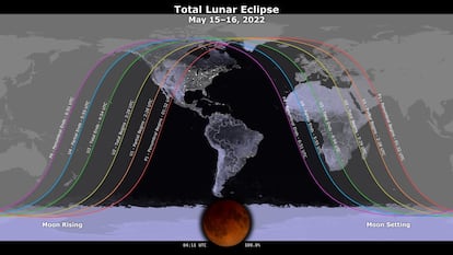 En esta gráfica de la NASA se puede apreciar la franja en que será visible el eclipse total de Luna del 15 al 16 de mayo.