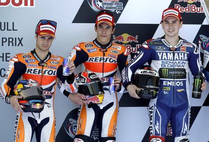 Dani Pedrosa, Marc Marquez y Jorge Lorenzo, los tres primeros de la salida del GP de Las Americas.