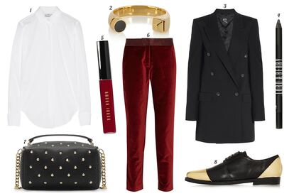 1. Maison Martin Margiela Camisa de corte masculino. 2. Saint Laurent Brazalete dorado. 3. McQ by Alexander McQueen Maxi blazer cruzada. 4. Lord & Berry Eyeliner. 5. Bobbi Brown Lip gloss 'Scotch on the Rocks - Scarlet'. 6. Altuzarra for Target Pantaln pitillo de terciopelo. 7. Zara Bolso de piel con tachuelas y doble asa. 8. Thakoon Addition Oxford de piel con puntera y taln metlicos.