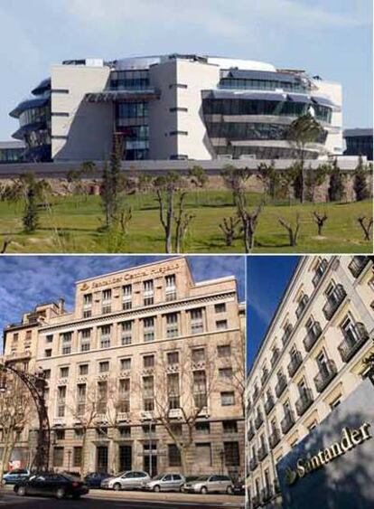 Arriba, la Ciudad Financiera del Santander en Boadilla del Monte, Madrid. Abajo, a la izquierda, la sede del banco en el paseo de Gracia de Barcelona. Y al lado, el edificio de representación en el paseo de la Castellana de Madrid.