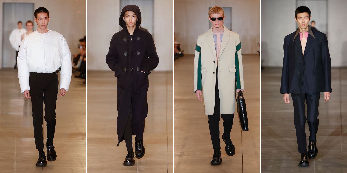 Cuatro propuestas de moda para hombre presentadas por Prada en la semana de la moda de Milán celebrada en enero de 2023 en la ciudad italiana.