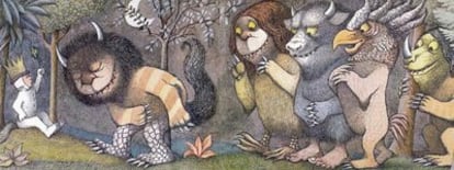 "Y lo hicieron rey de todos los monstruos. &#39;Y ahora&#39;, dijo Max, &#39;¡que empiece la fiesta monstruo!", escribe y dibuja Maurice Sendak en <i>Donde viven los monstruos</i> (Alfaguara).