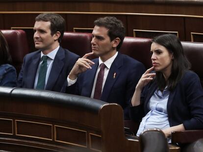 Adriana Lastra, Pablo Casado, Albert Rivera e Irene Montero, en el Congreso.